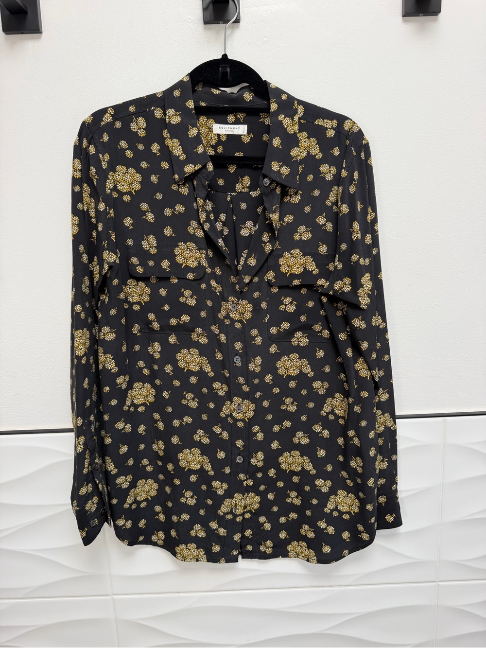 Equipment Silk Black Button-Down Shirt with Gold Floral Print